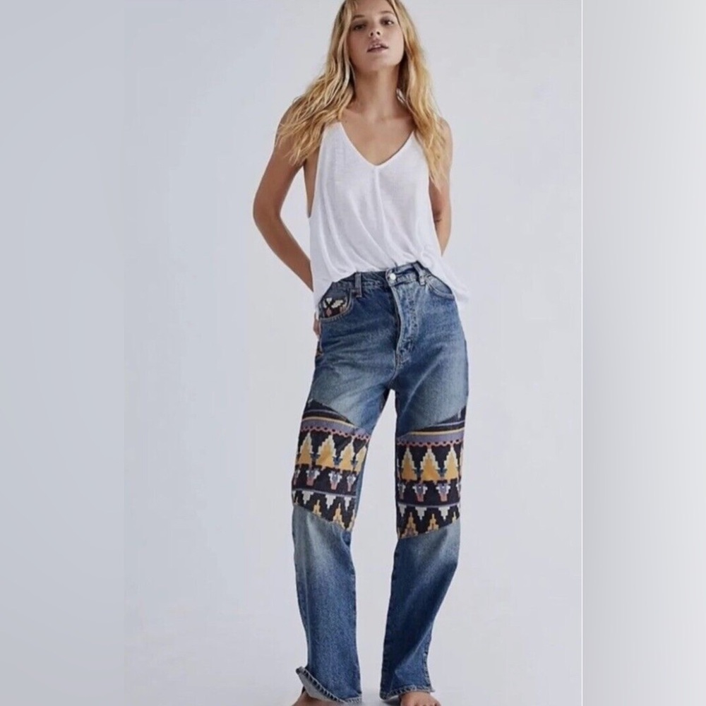 We The Free Blue Jeans with Tribal Pattern